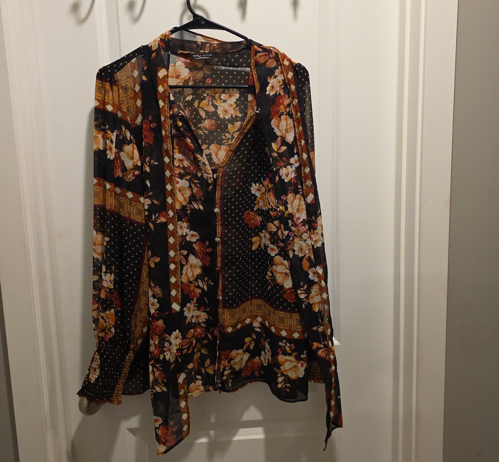 City Chic Floral Patchwork Long-Sleeve Blouse - Black & Brown